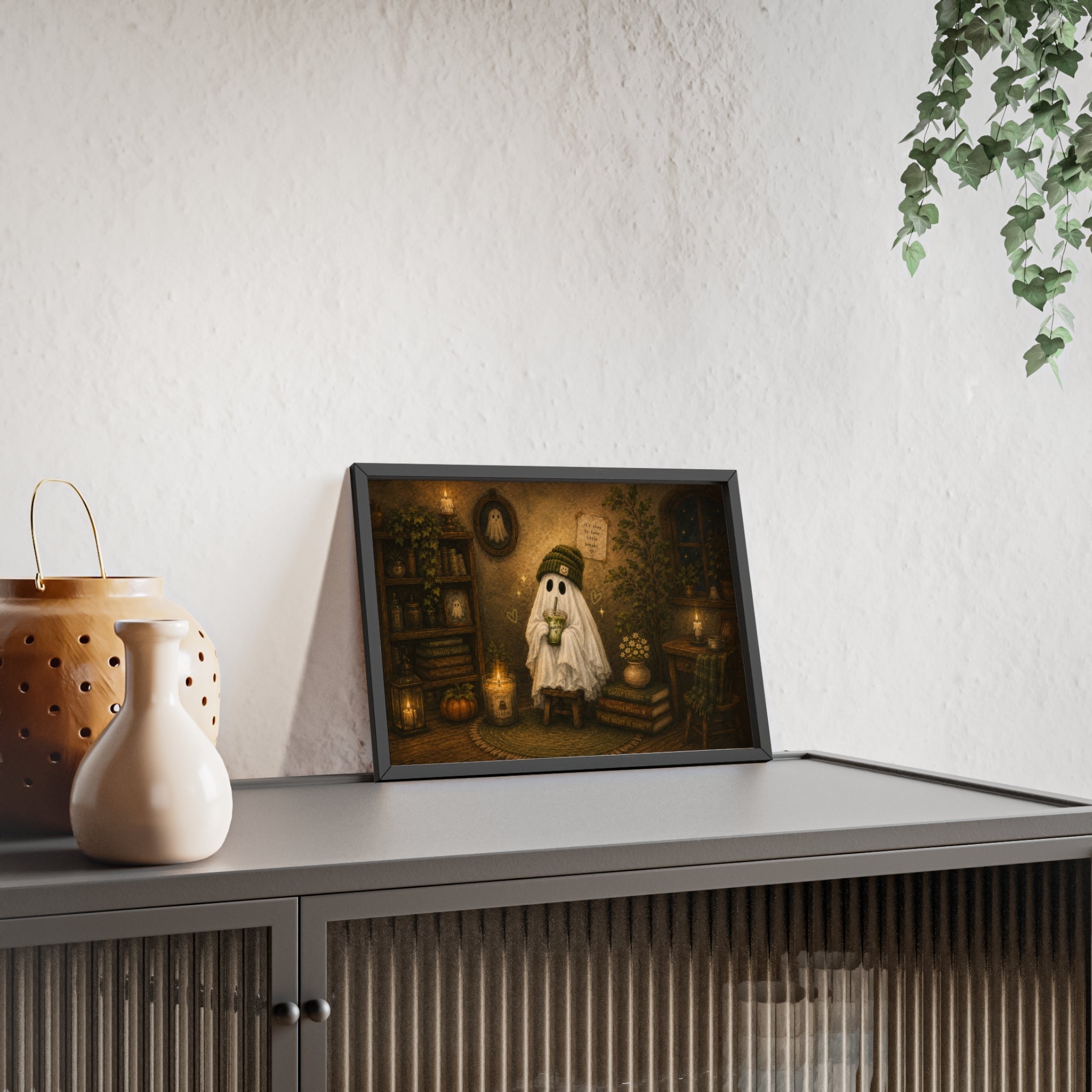 Cozy Ghost Matcha – Gerahmtes Premium Poster 👻🍵